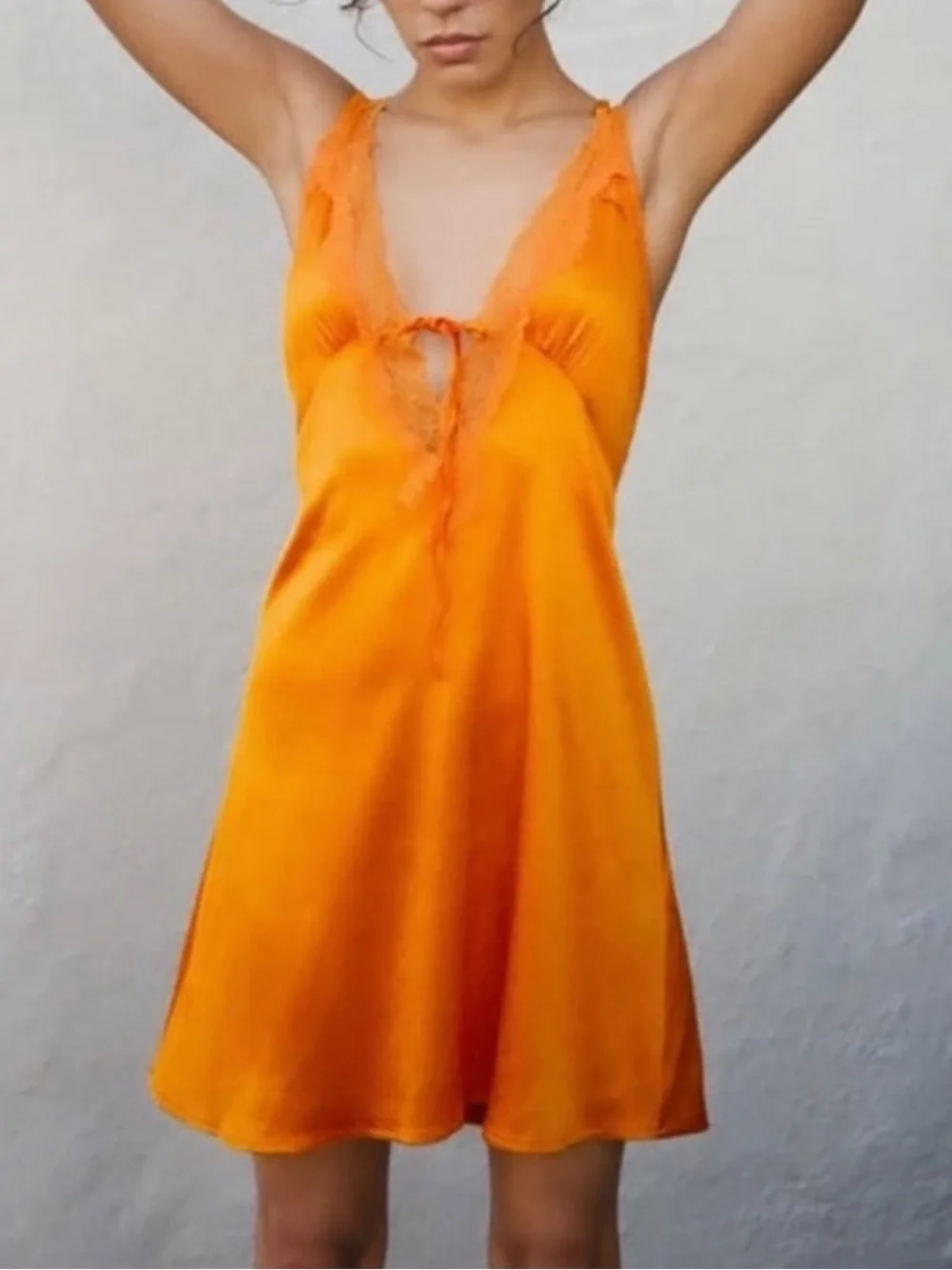 ZARA Orange Satin Silky Lace Trim Slip Dress Mini Dress Bold Bright Front Tie M - Picture 2 of 9